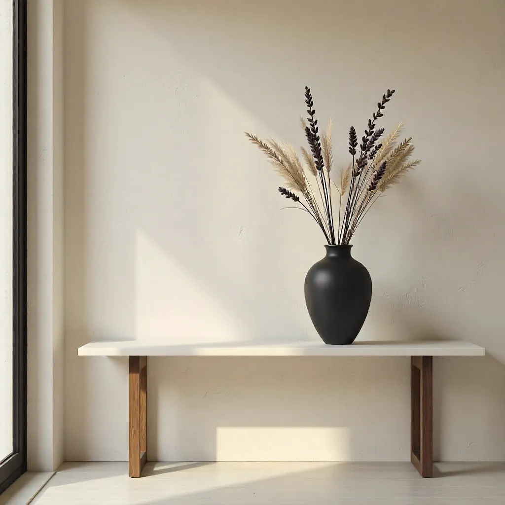 Cozy Minimalist Console with Black Vase and Dry Flowers