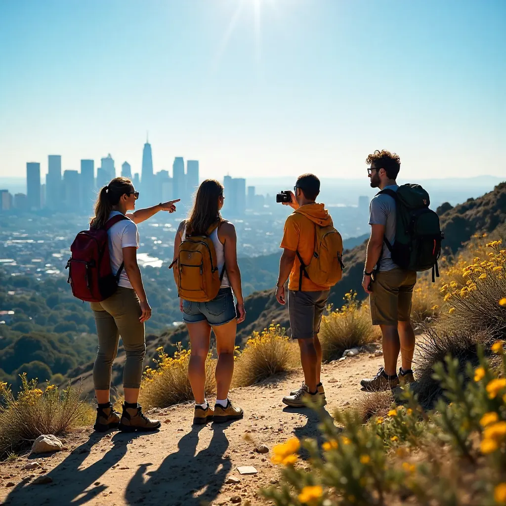 Sunlit Ridge Over LA: Four Hikers View Skyline
