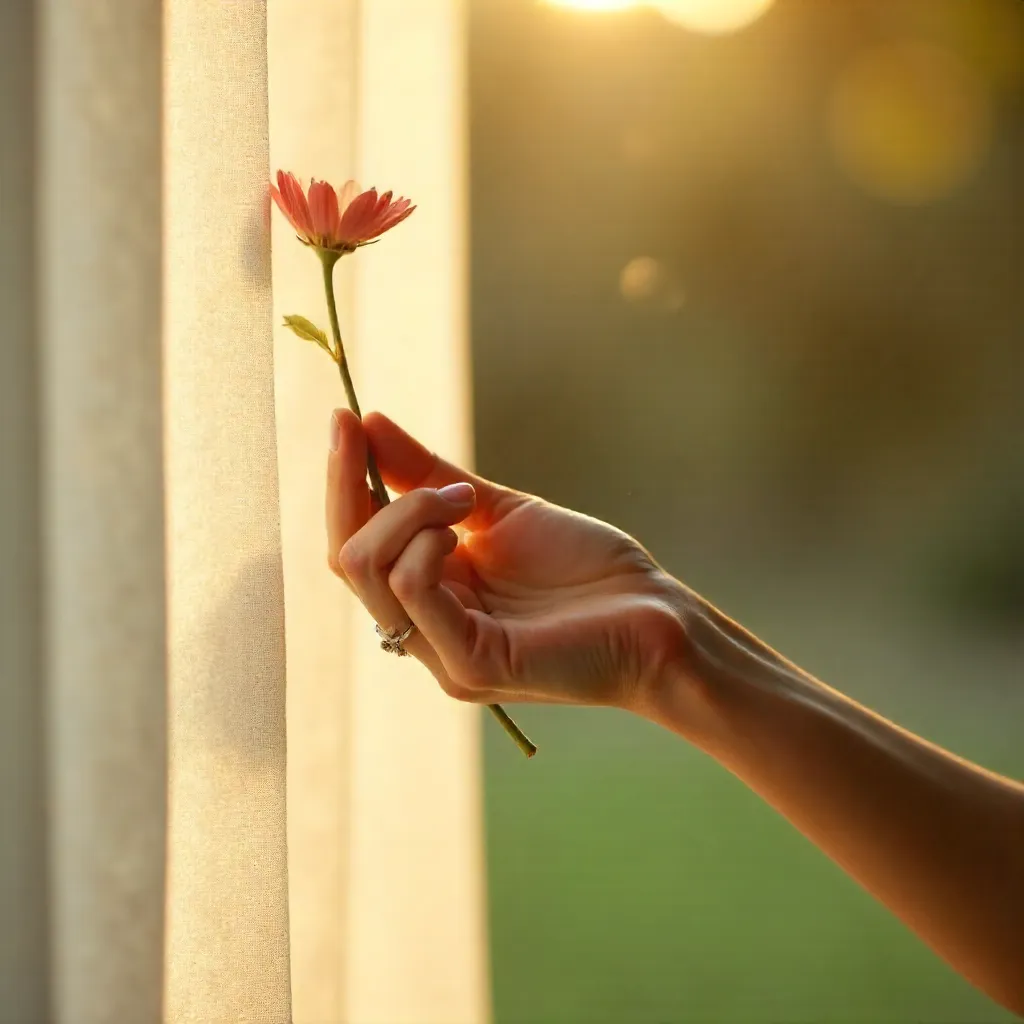 Sunlit Reach: Hand and Flower Through Curtains