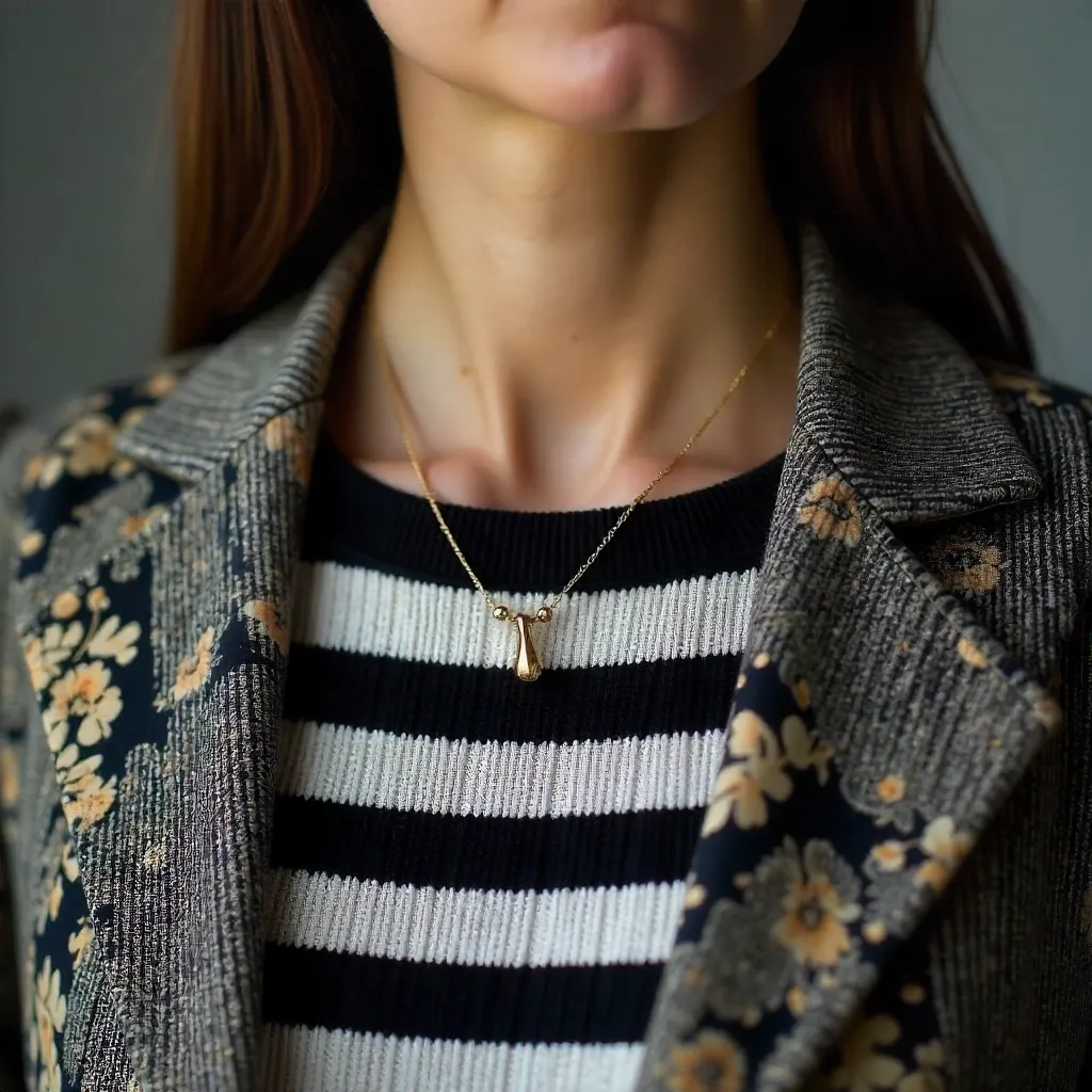 Close-Up: Striped Top, Necklace, and Patterned Jacket