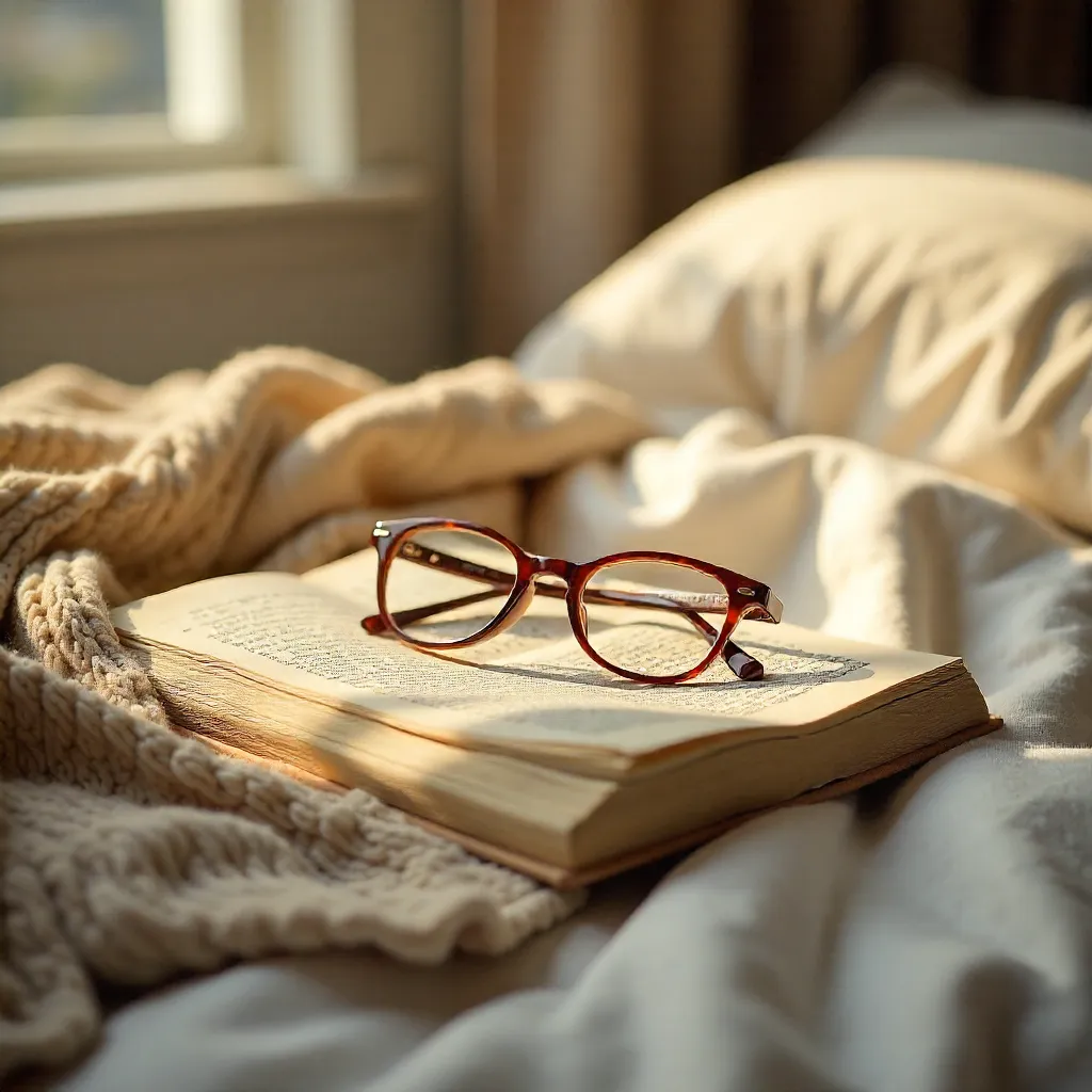 Soft Beige Sweater and Glasses on a Cozy Bed