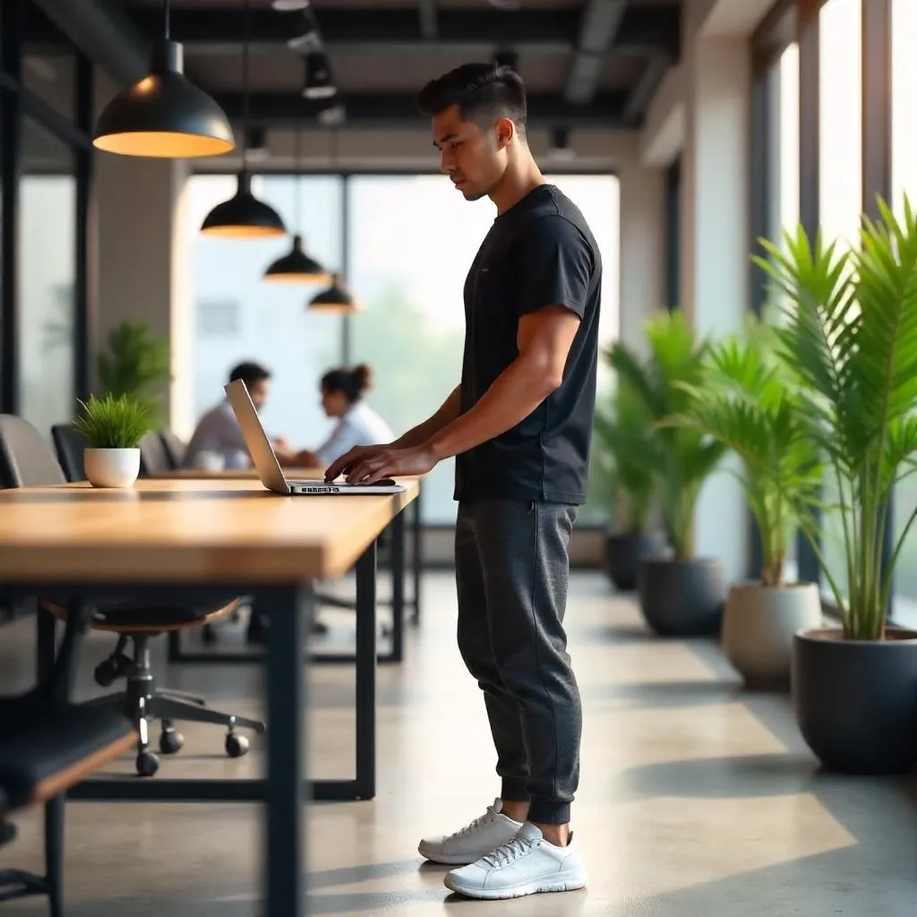 Athletic Asian Man in a Bright 3D Coworking Space