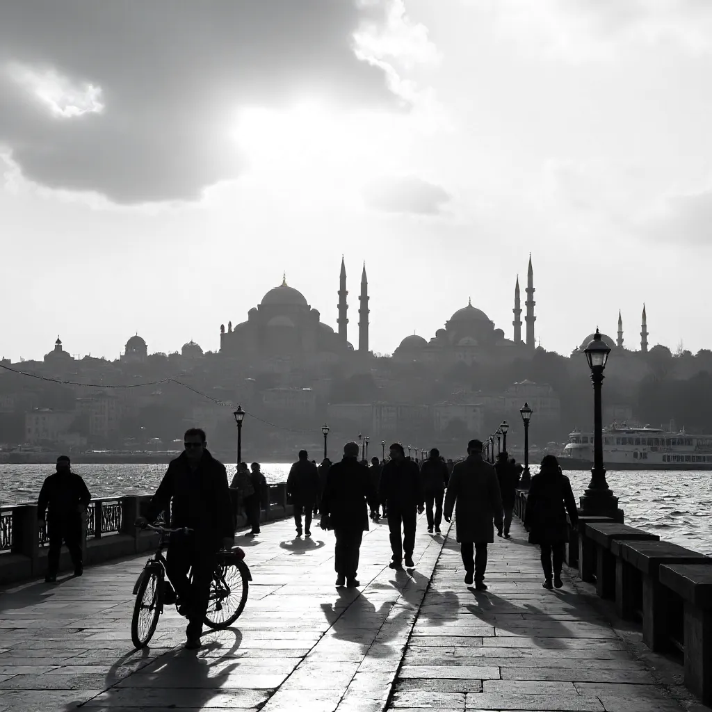 Silhouetted Figures and Istanbul Skyline in Black & White