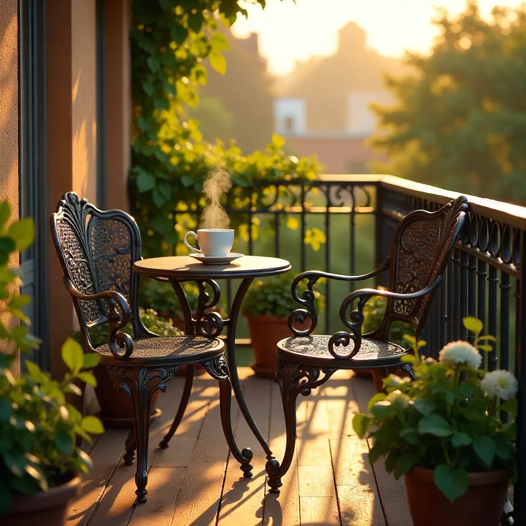 Sunlit Balcony with Coffee and Wrought Iron Chairs
