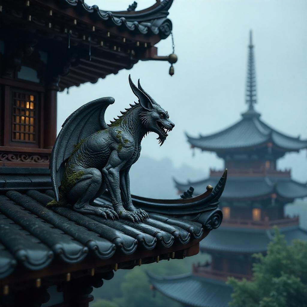 Photoreal Gargoyle Guarding a Pagoda