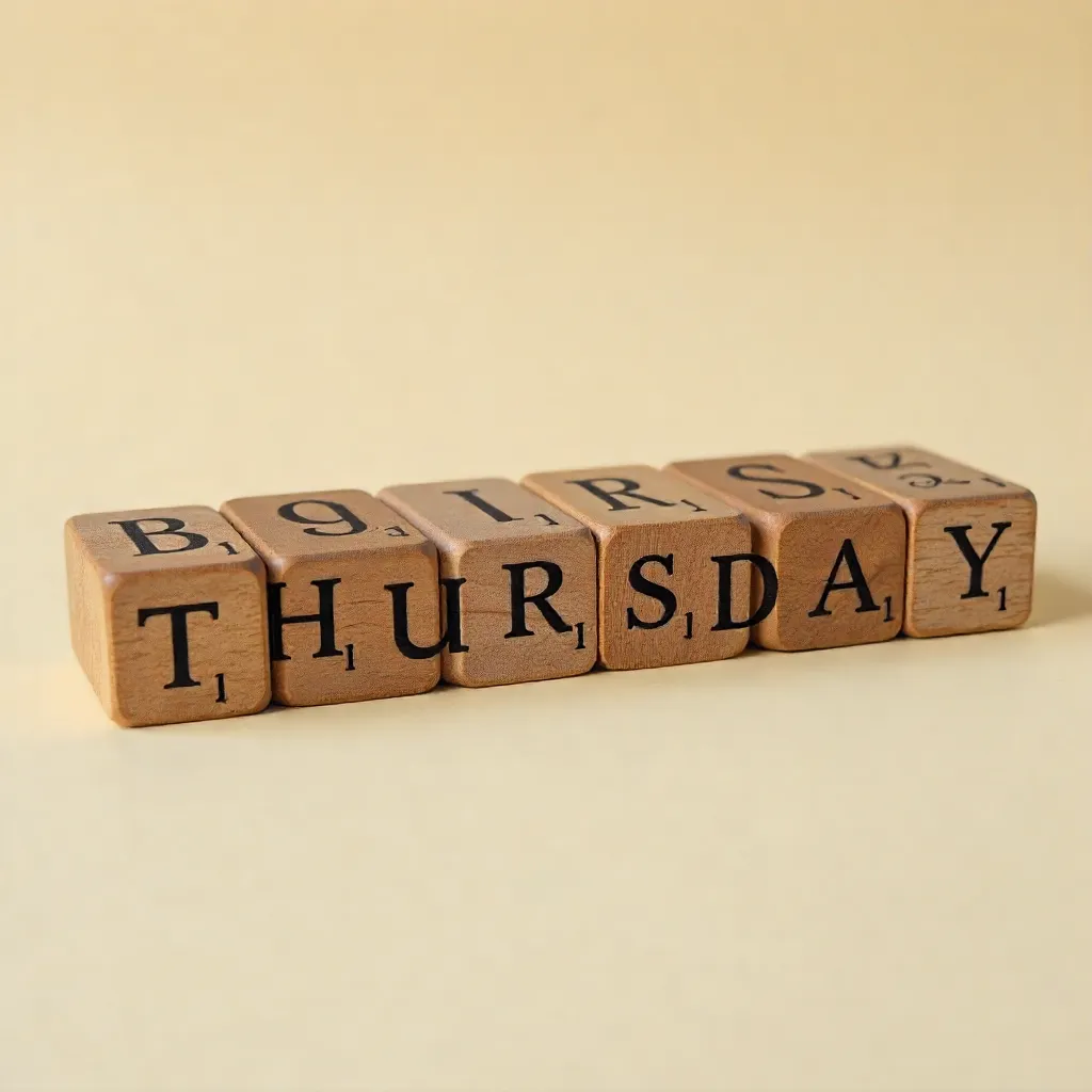 Wooden Letter Blocks Spelling Thursday on Beige Backdrop