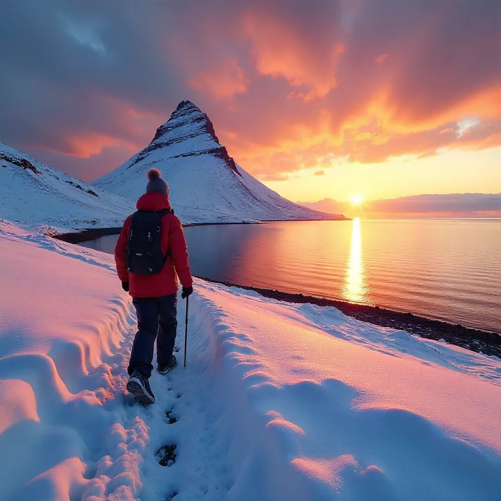 Sunset Over Snowy Grundarfjörður with Lone Hiker
