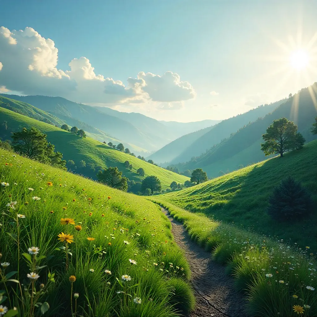 Mist-kissed hillside under a bright blue sky