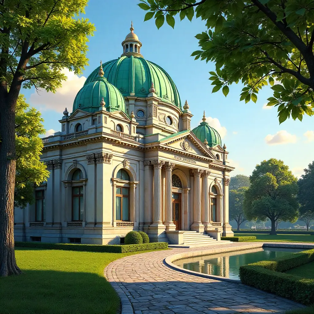 Green-Domed Classical Architecture in a Verdant Park