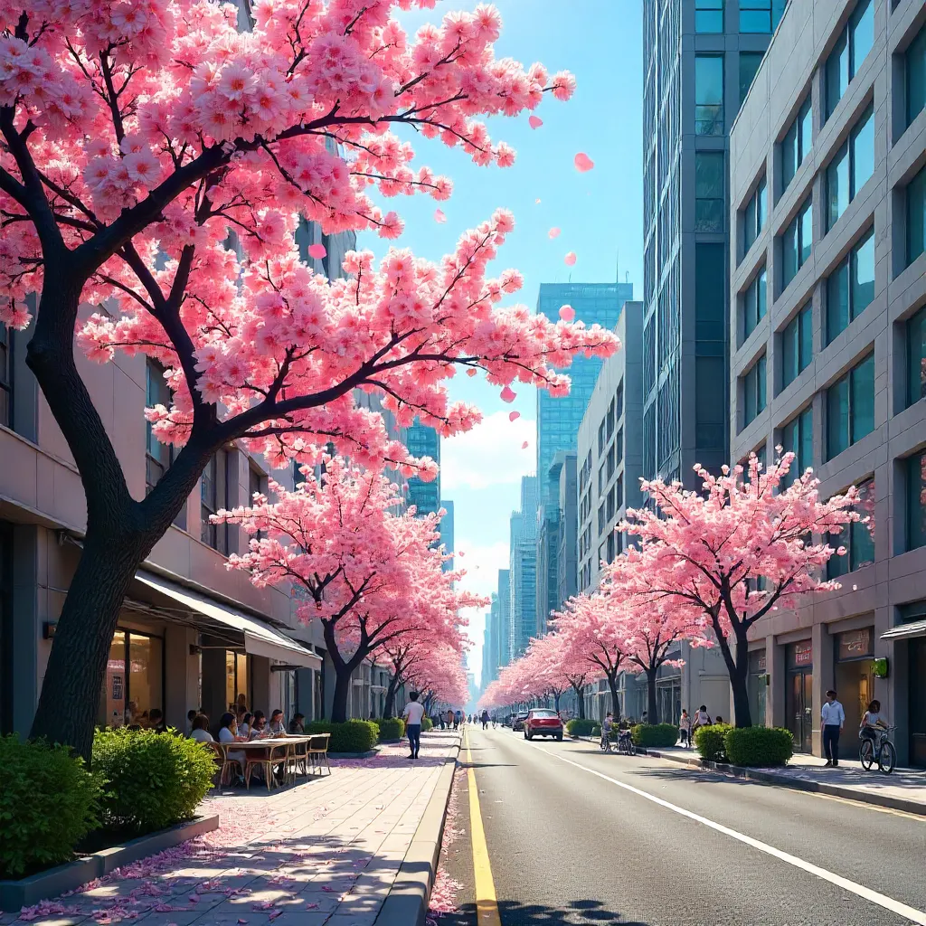 Urban Cherry Blossoms Under Clear Spring Sky