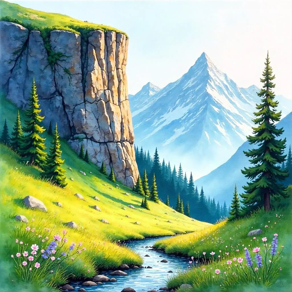 Watercolor Cliff Over an Alpine Meadow