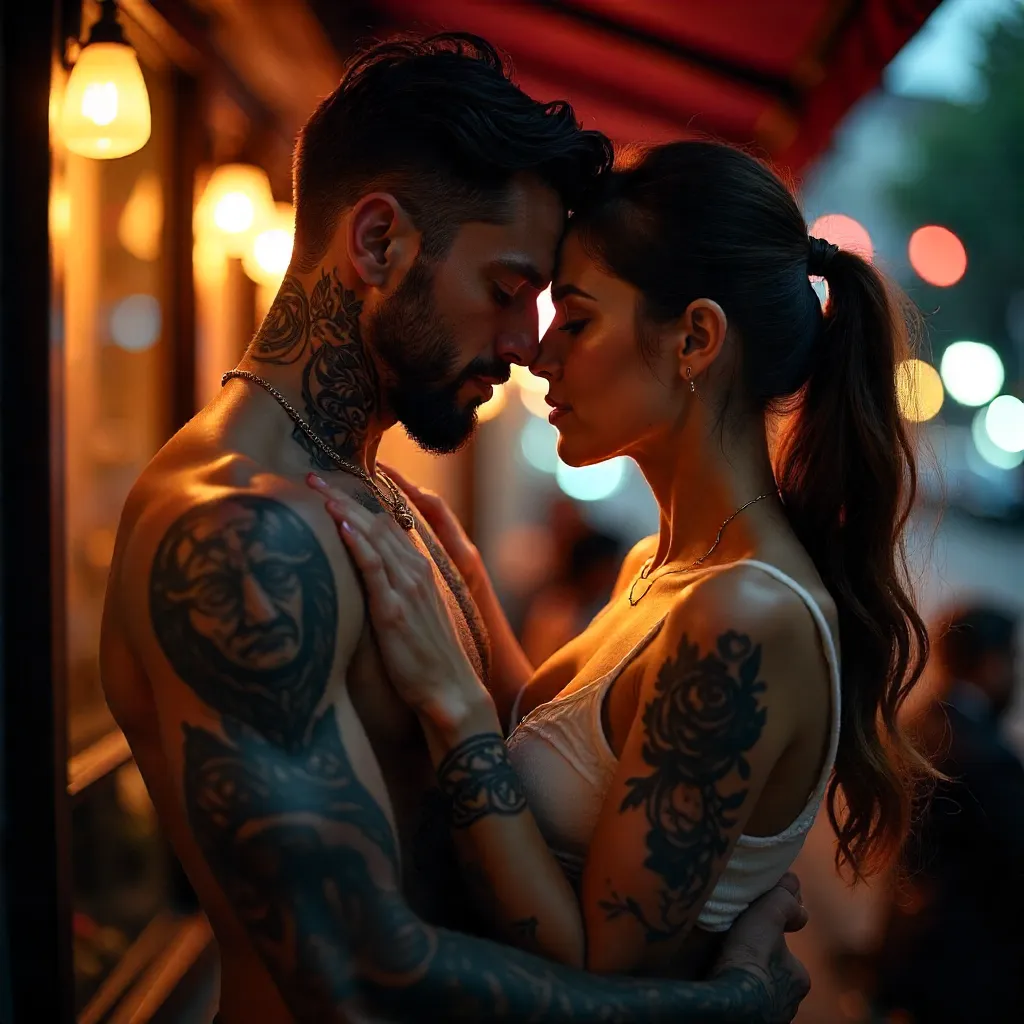 Intimate Modern Romance: Tattooed Lovers Embrace