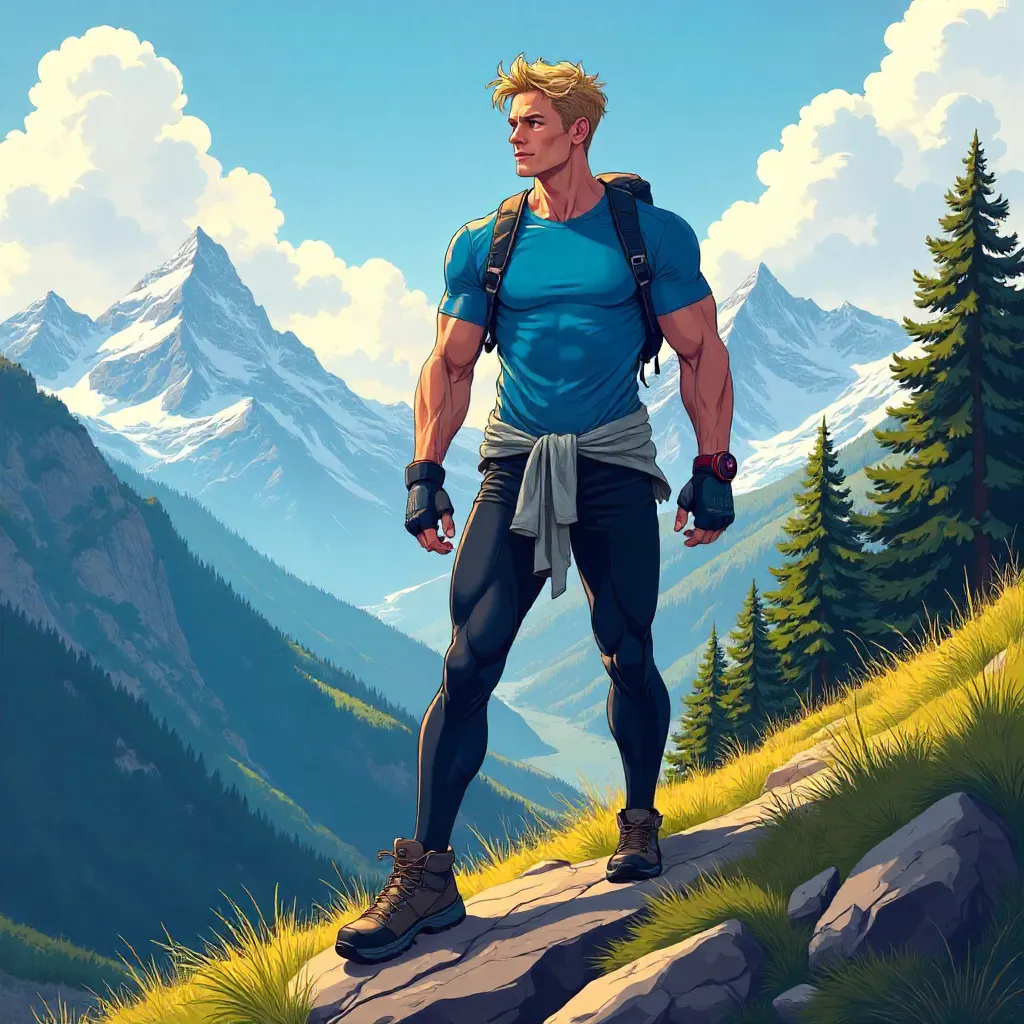 Athletic Caucasian in Alpine Dawn (Anime)