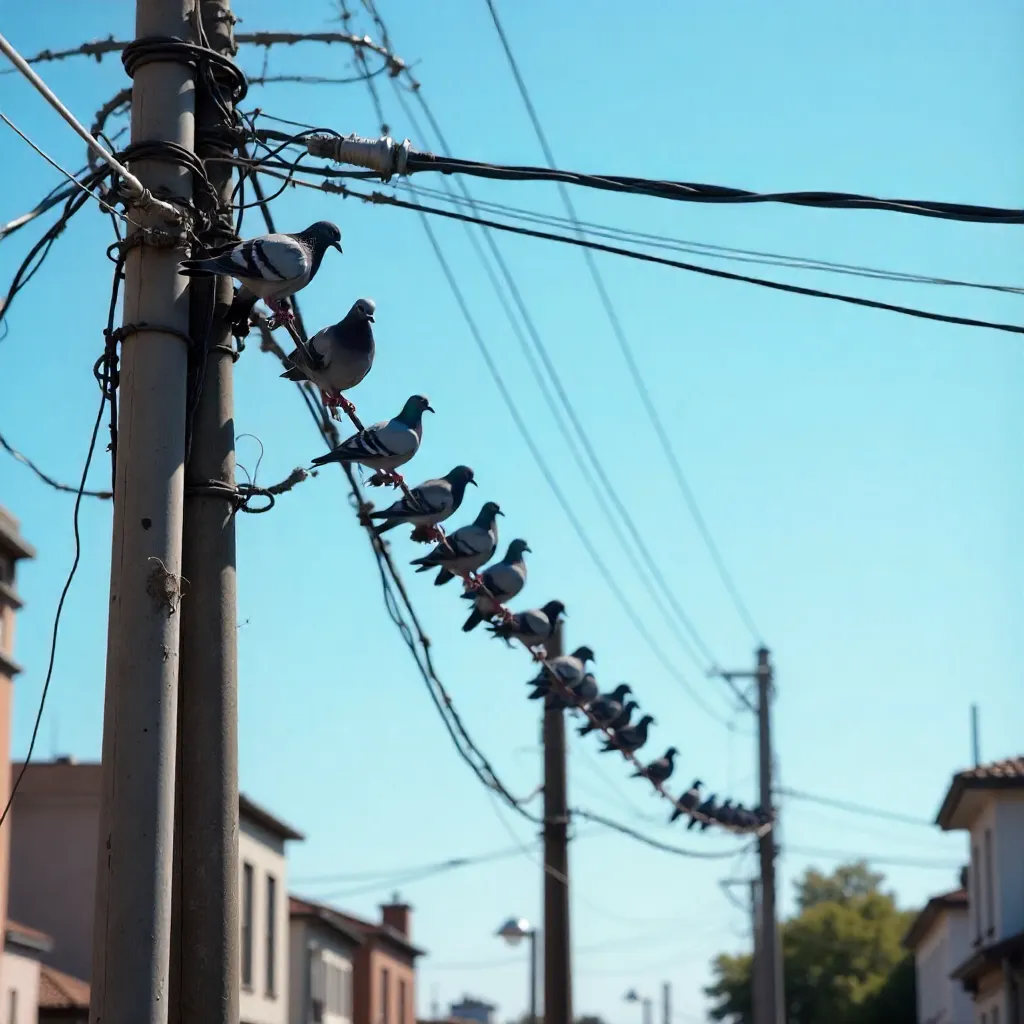 Urban Pigeons on Power Lines Under a Clear Blue Sky