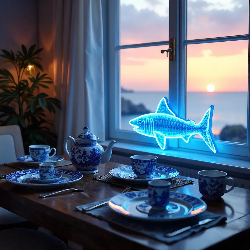 Neon Shark Over the Sea: Blue and White Tableware