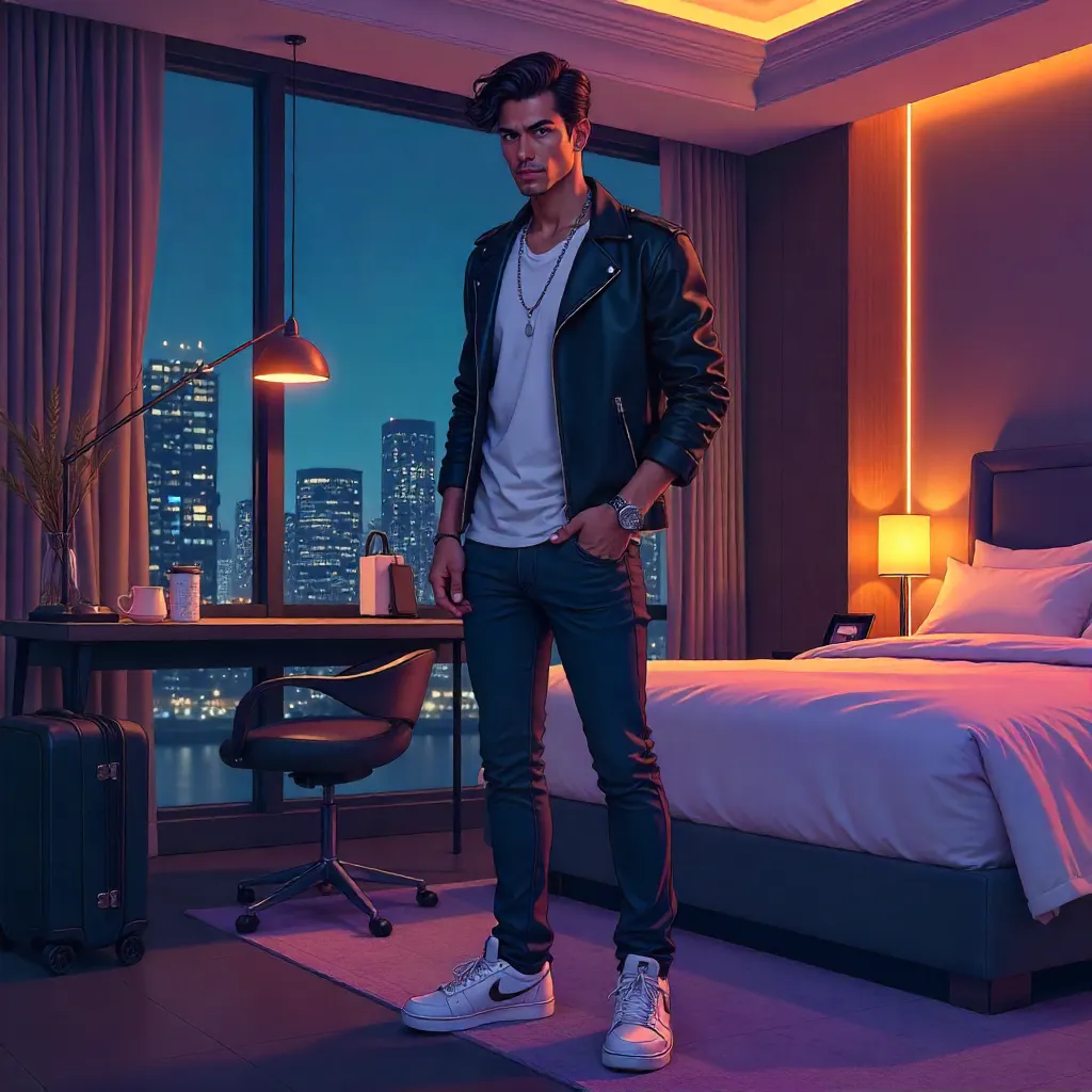 Stylish Latino Man in an Anime Hotel Room