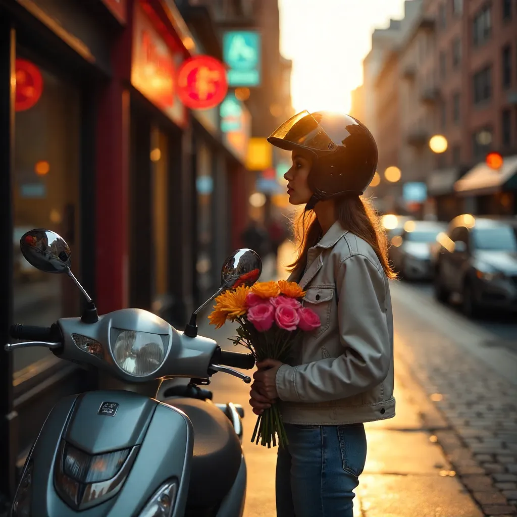 Helmeted Woman with Flowers by a Scooter in the City