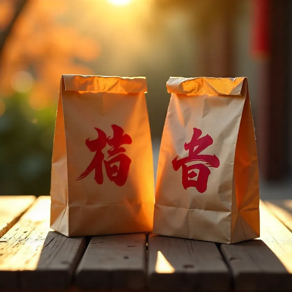 Sunlit Paper Bags with Red Chinese New Year Symbols Casting Shadows