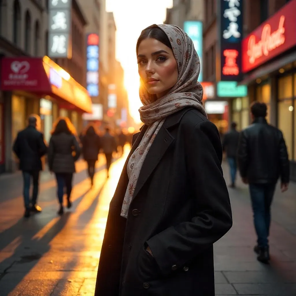 Cinematic 3D Render: Middle Eastern Woman on Neon City Street