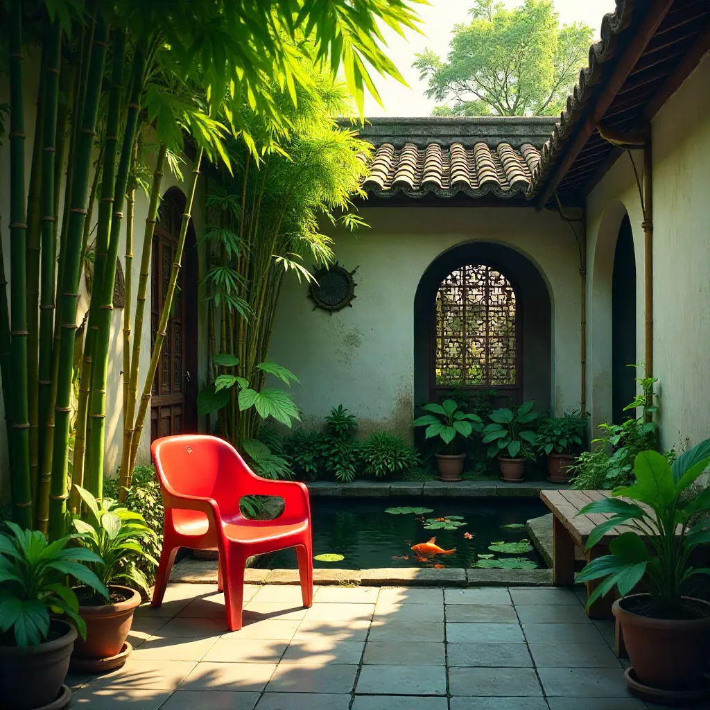 Red Chair in a Hanoi Courtyard Oasis