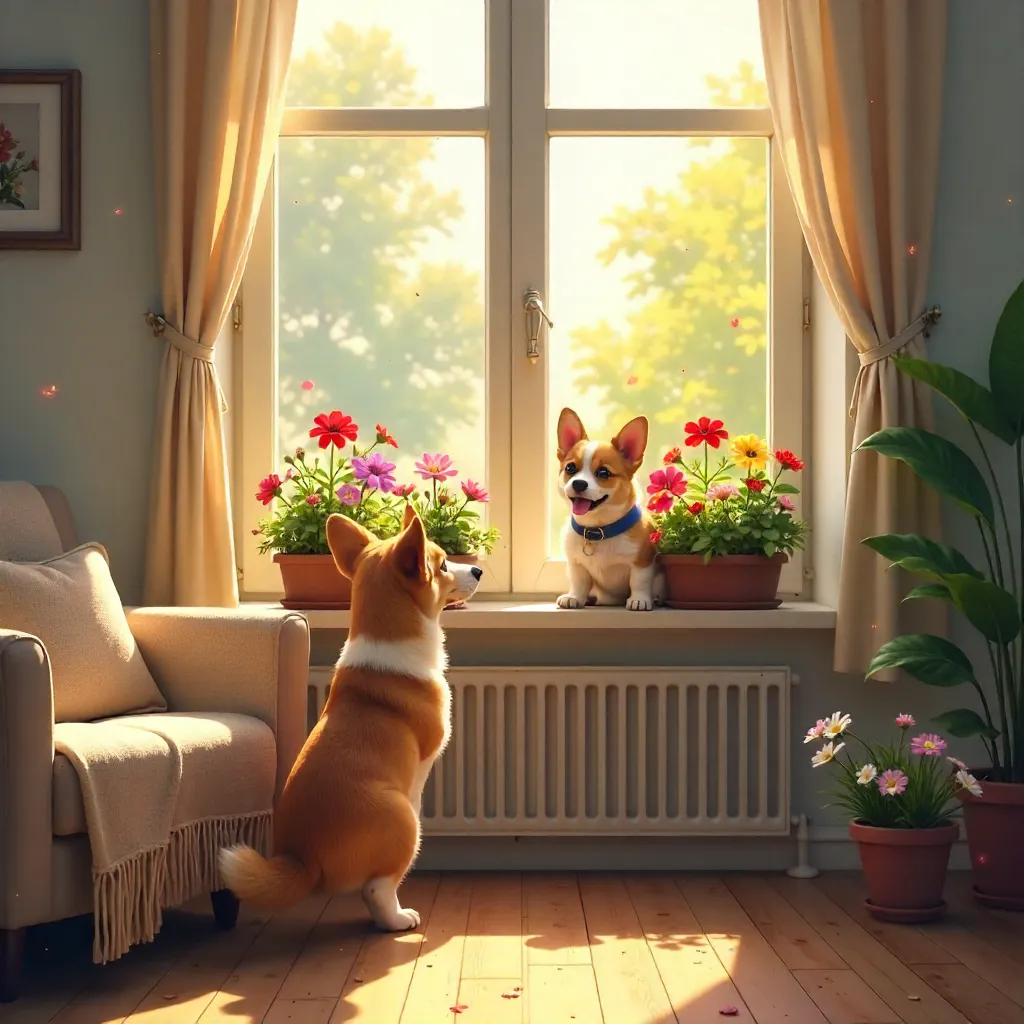 Curious Pup at a Flower-Framed Window