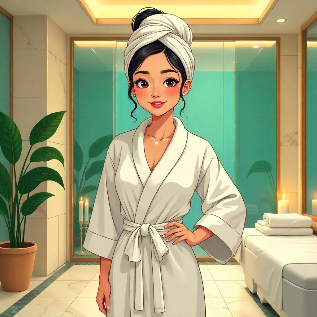 Confident Asian Woman in a Tranquil Spa - Cartoon