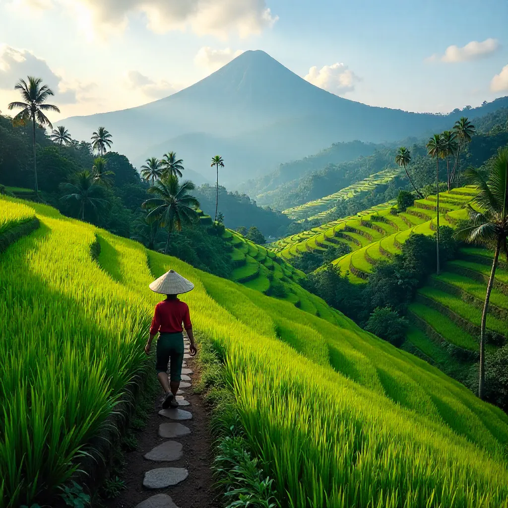 Emerald Bali Rice Terraces Under Mountain Backdrop