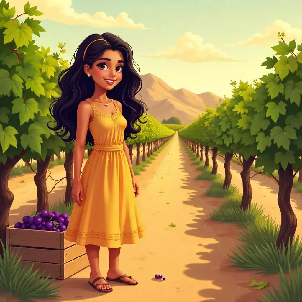 Cartoon Young Middle Eastern Woman in a Vineyard