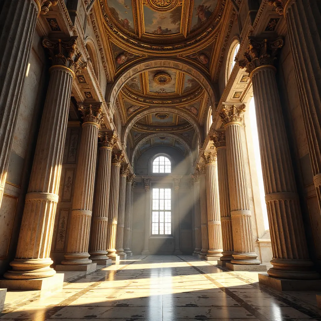 Ornate Ceiling and Stone Columns: Historic Interiors