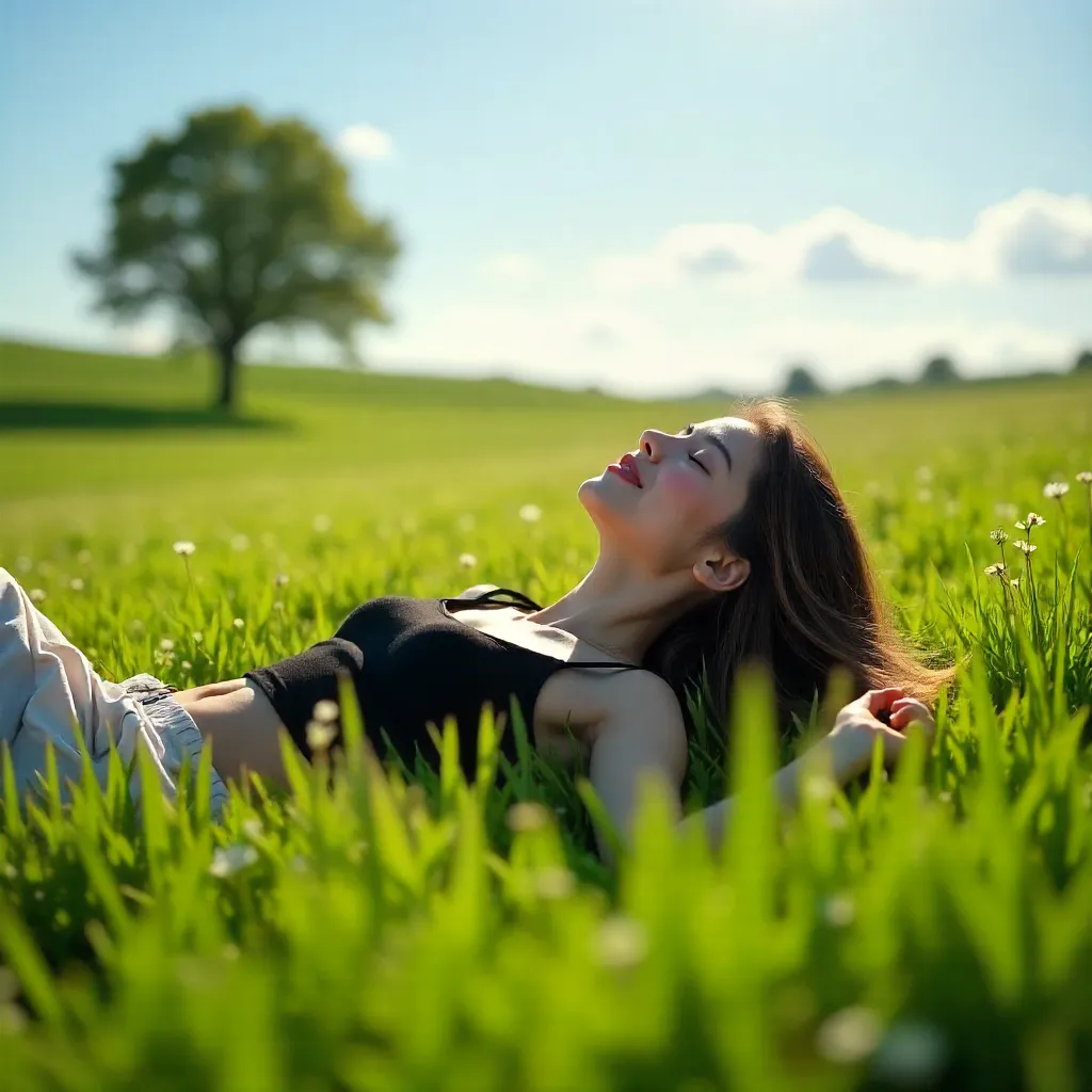 Sunlit Meadow Moment: Young Woman in Black Top