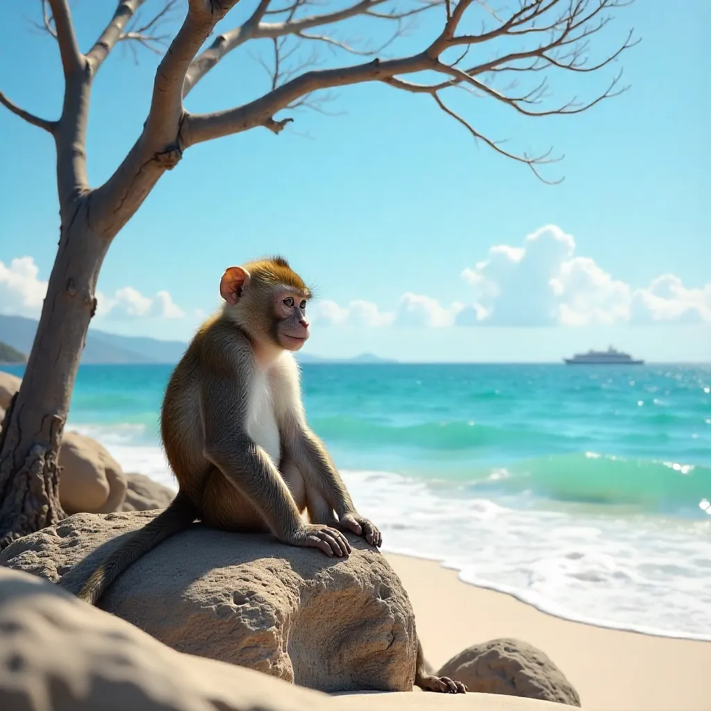 Tranquil Monkey Resting by the Ocean Under a Bare Tree
