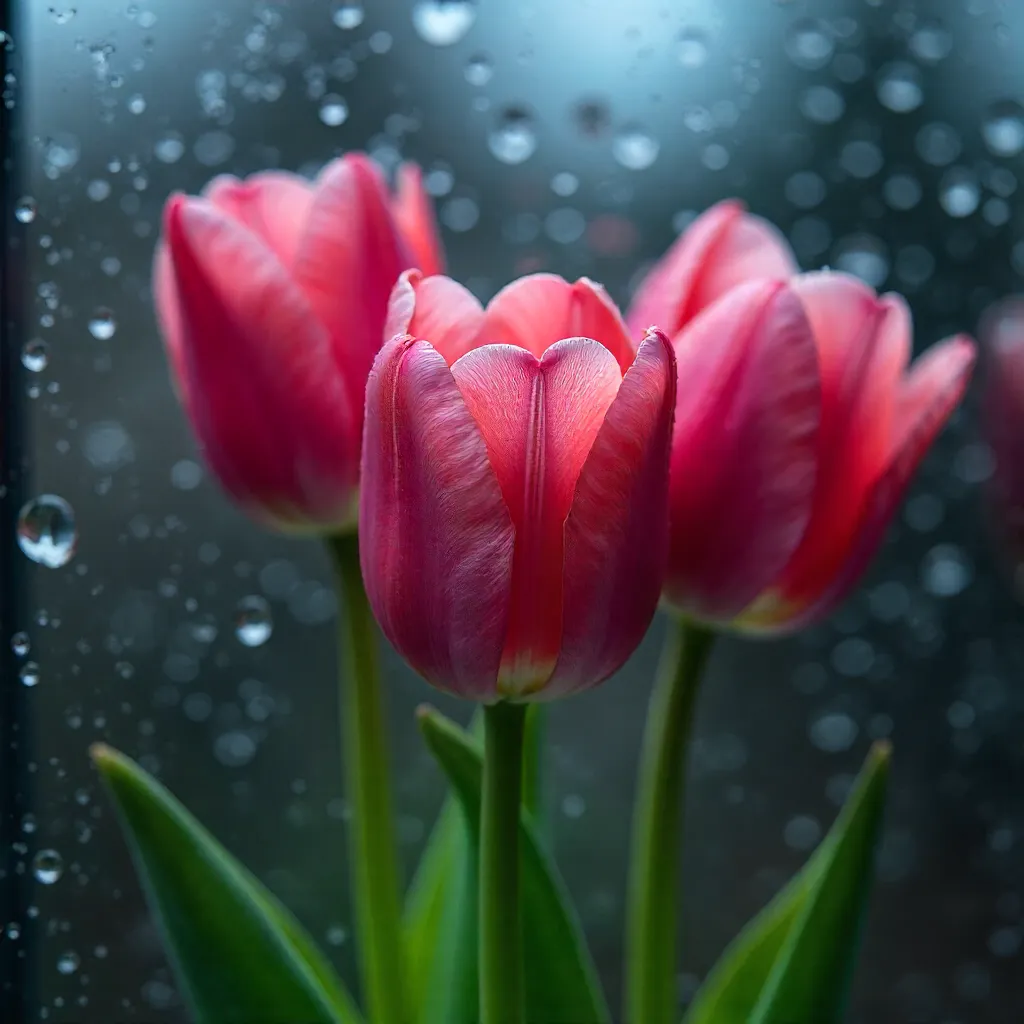 Moody Pink Tulips through Rain-Speckled Glass