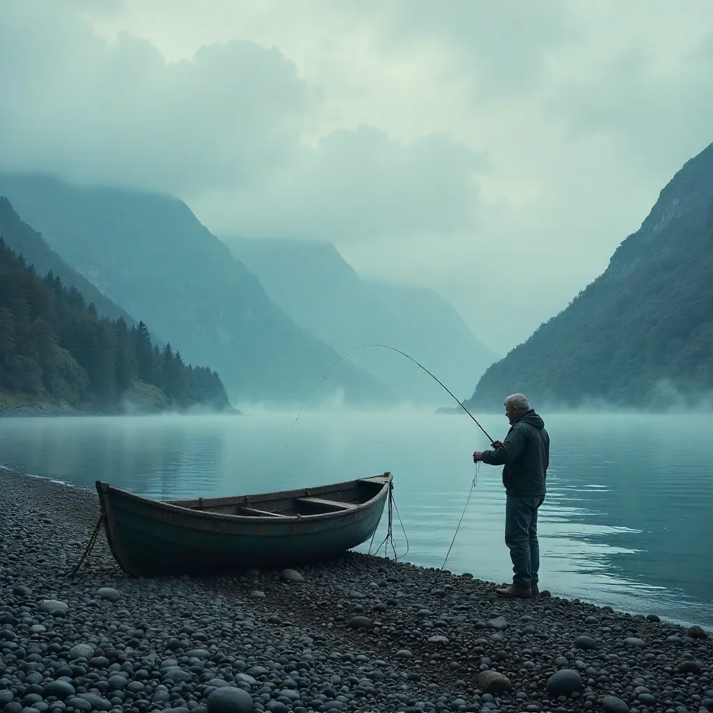 Lone Fisherman on Pebble Beach Beneath Majestic Mountains