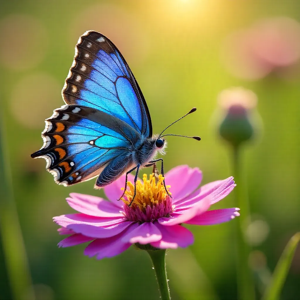 Macro Close-Up: Blue Butterfly on Pink Wildflower