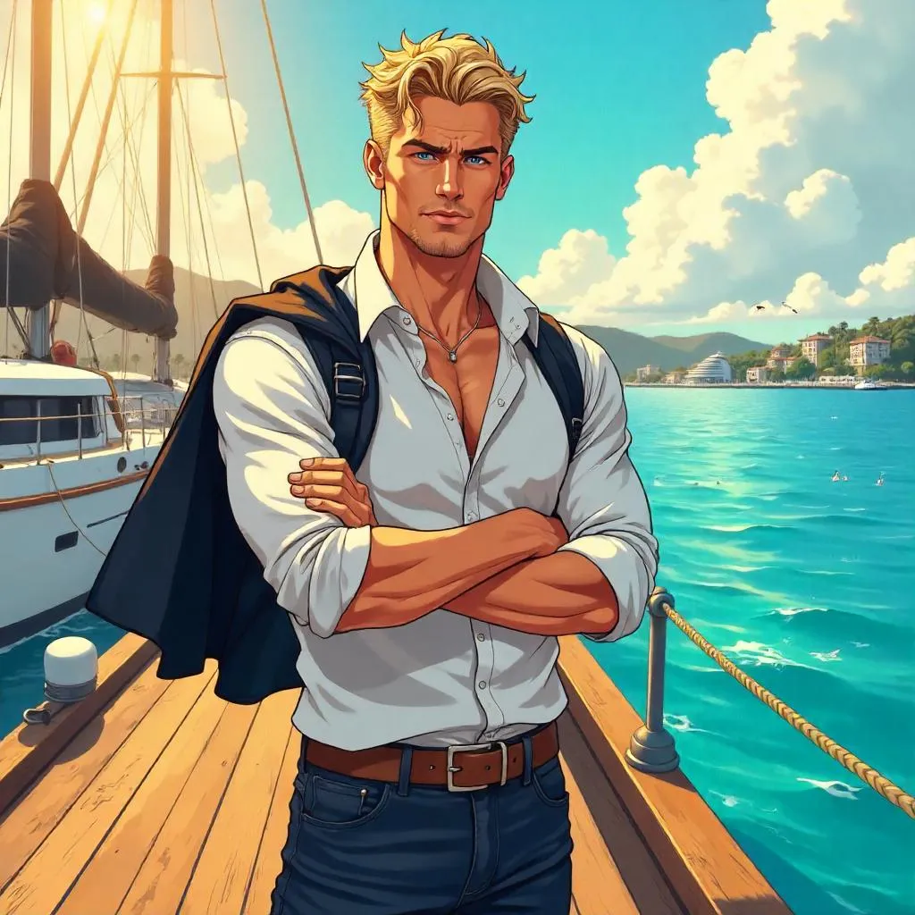 Confident White Man at the Marina, Anime Style