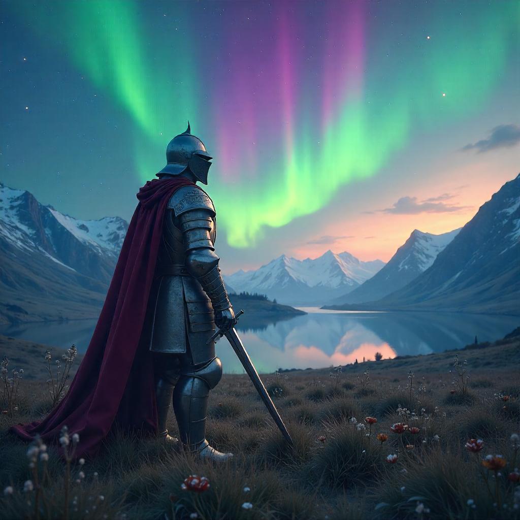 Photoreal Knight Under the Aurora Fields