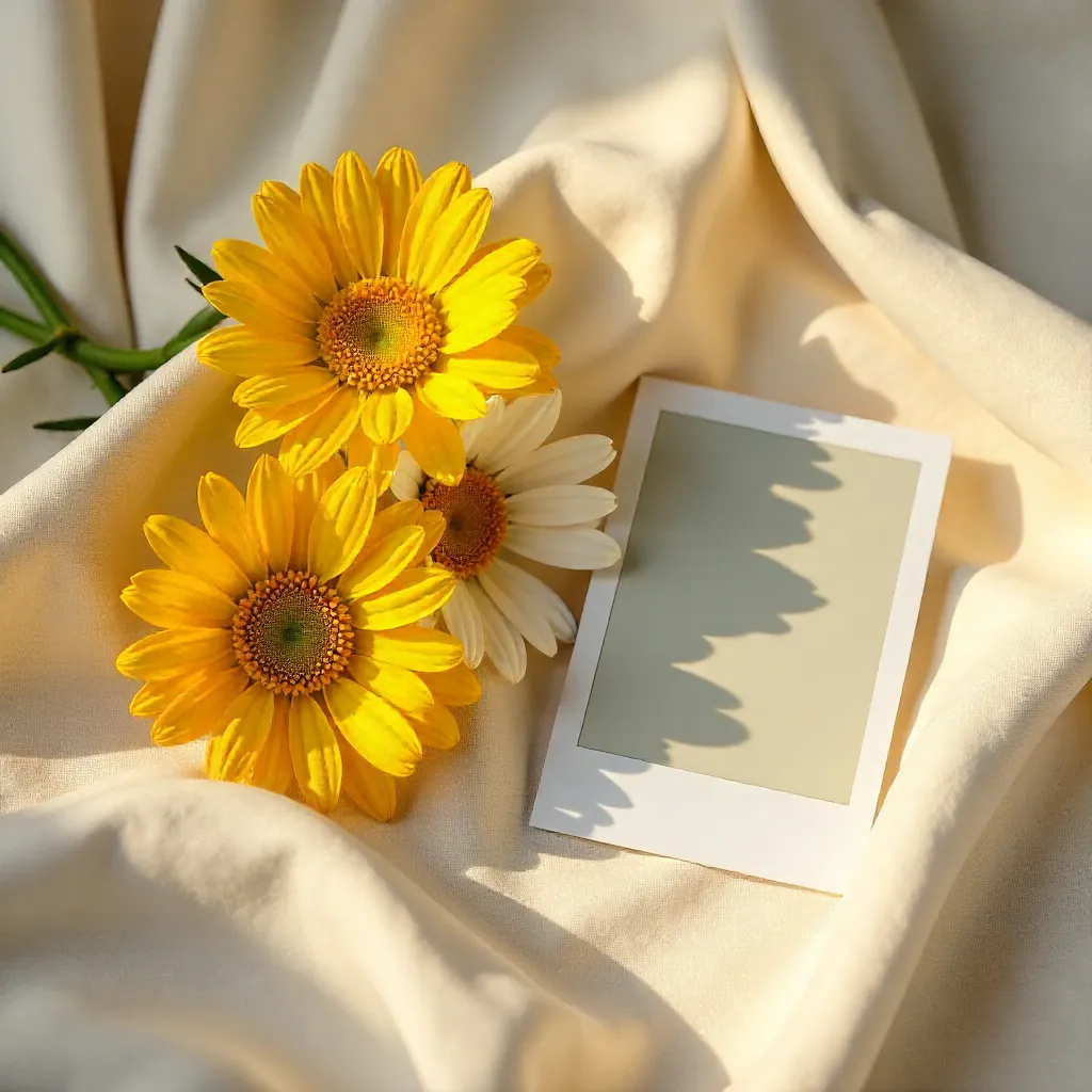 Chic Daisy Still Life with Polaroids on Velvet Fabric
