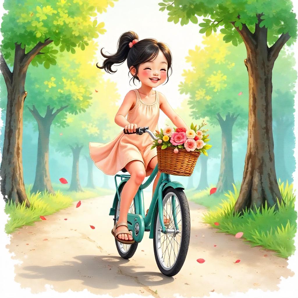 Cheerful Asian girl on a bicycle in watercolor