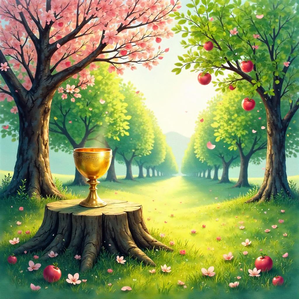 Holy Grail in an Orchard: A Watercolor Dream