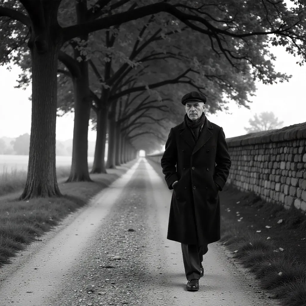 Serene Black-and-White Stroll Through a French Tree-Lined Path