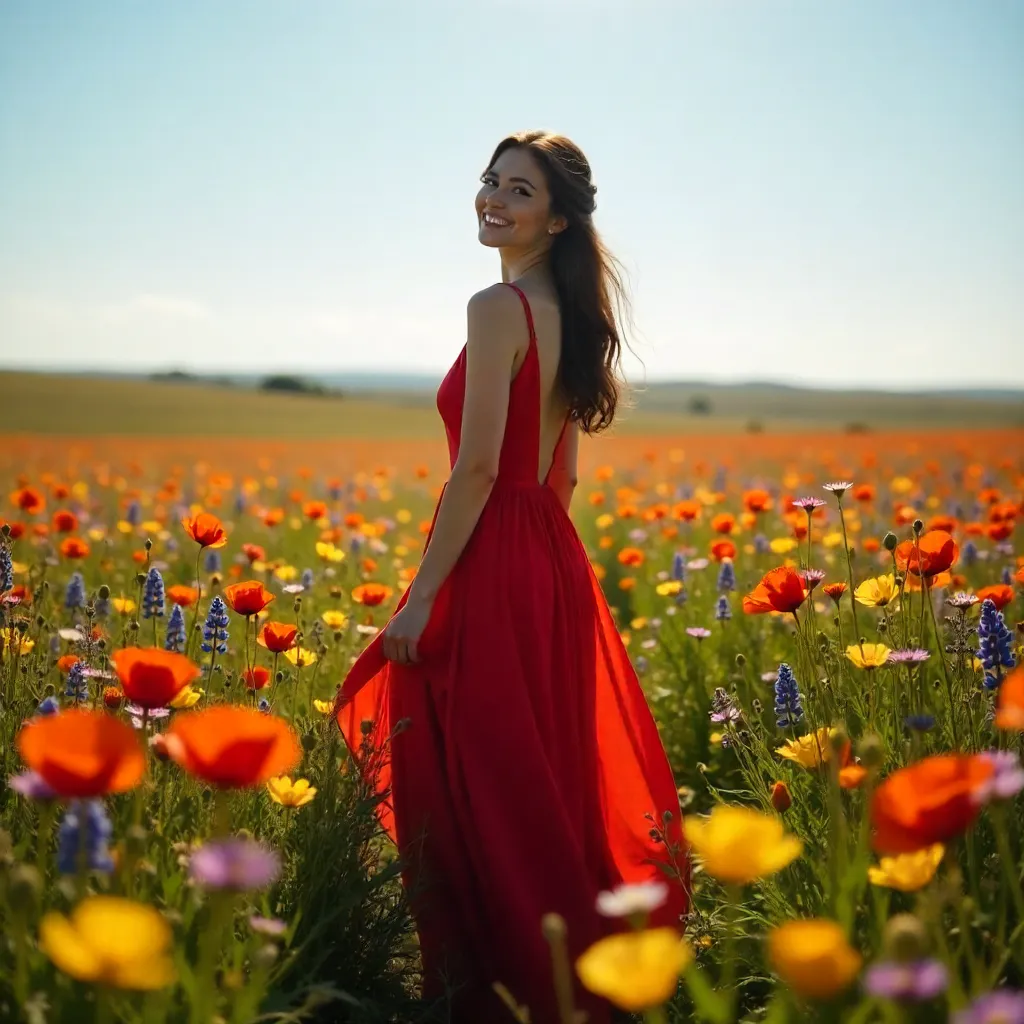 Crimson Dress Amid a Field of Bloom