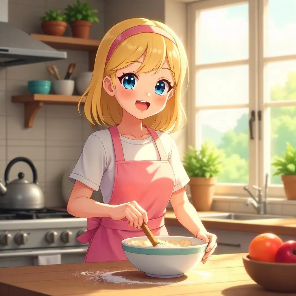 Cheerful Anime Girl in a Sunny Cozy Kitchen