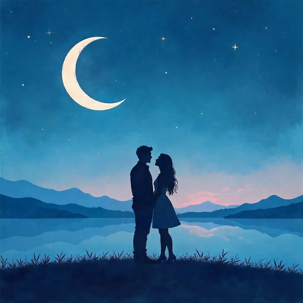 Abstract Silhouette of Lovers Under a Crescent Moon