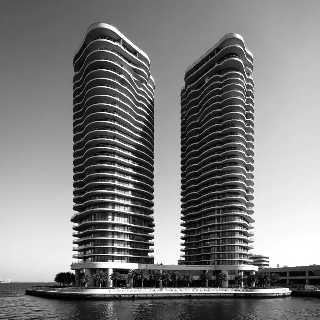 Monochrome Marina City Towers with Honeycomb Balconies