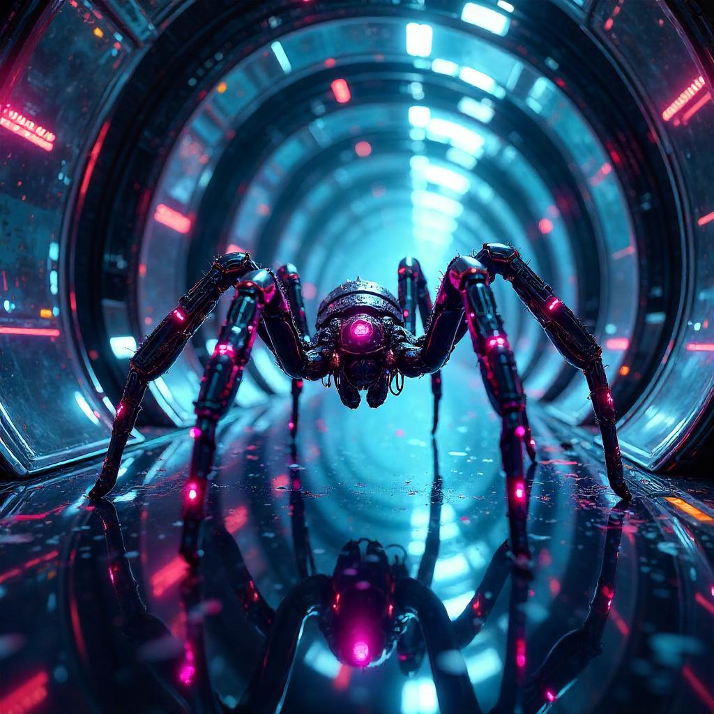 Kaleidoscopic Cyberpunk Spider in Neon Glass
