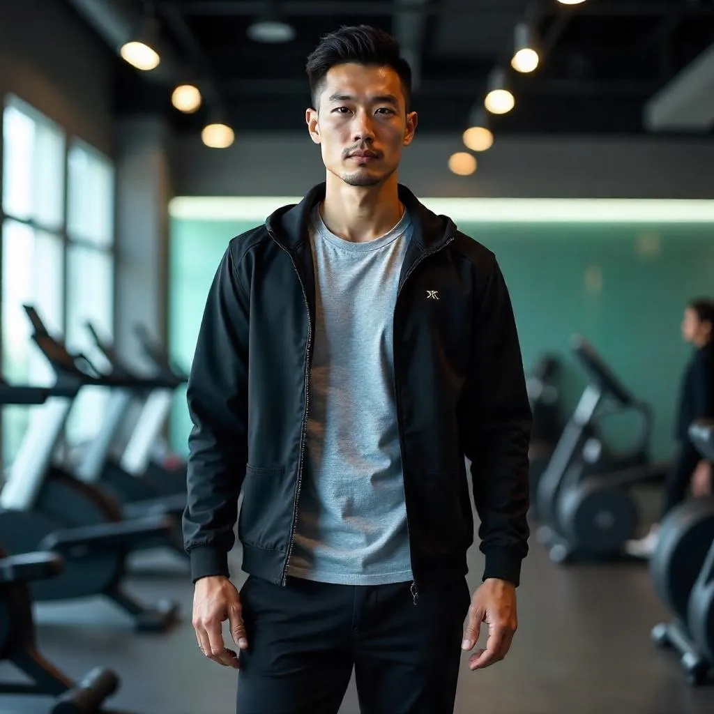 Photoreal: Stylish Asian Man in a Modern Gym