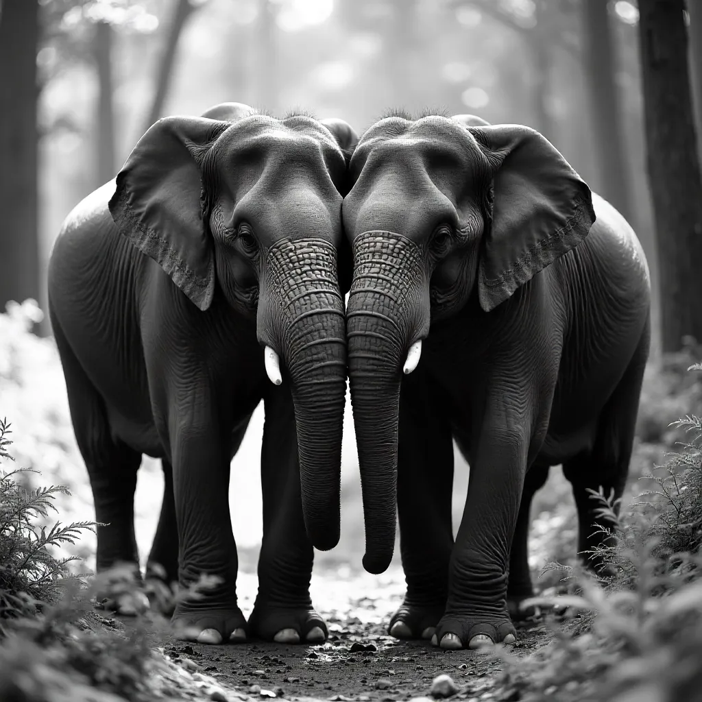 Two Asian Elephants in a Silent Monochrome Moment