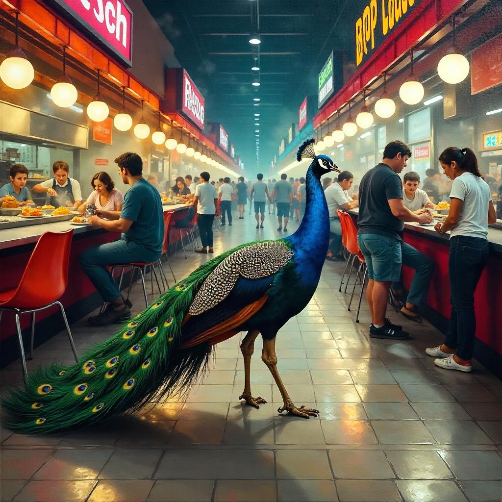 Peacock in an Oil Painting at a Modern Food Court