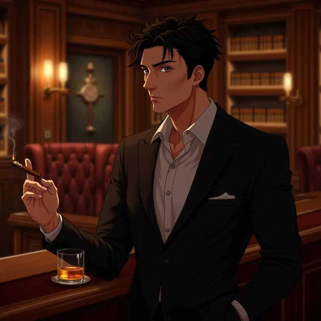 Anime-Style Athletic Asian Man in a Cigar Lounge