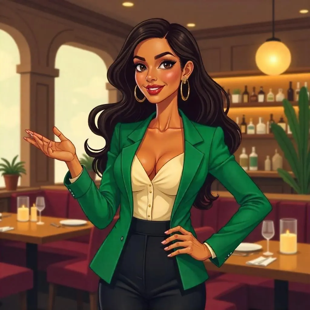 Confident Latina Woman in a Cartoon Restaurant
